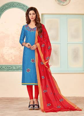 blue embroidered cotton unstitched salwar with dupatta 1