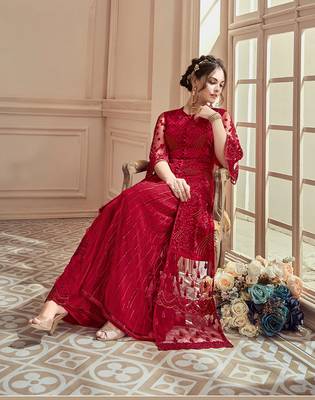 Red embroidered net salwar 4