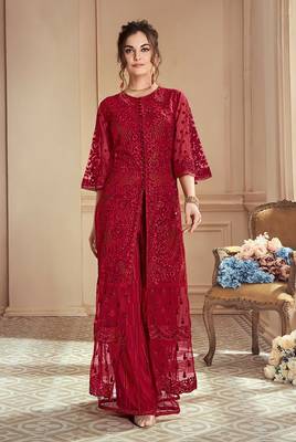 Red embroidered net salwar 5