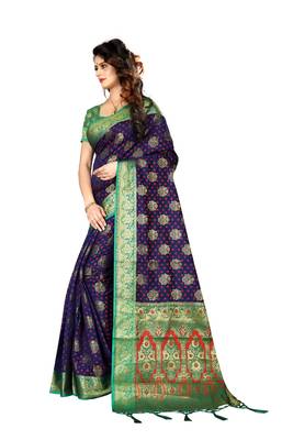 Navy blue woven art silk sarees saree with blouse 3