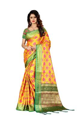 Yellow woven art silk sarees saree with blouse 1