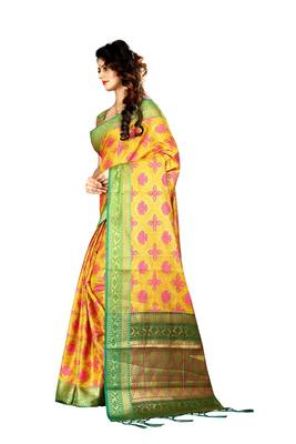 Yellow woven art silk sarees saree with blouse 3