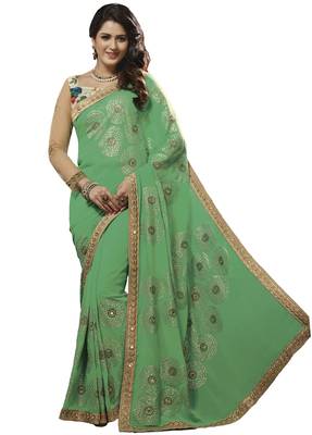 Green embroidered georgette saree with blouse 1