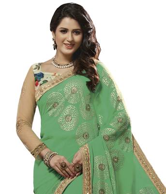Green embroidered georgette saree with blouse 2