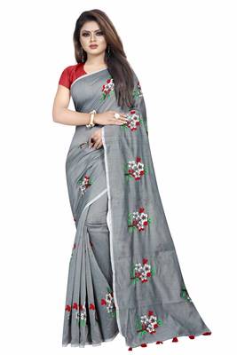 Grey embroidered chanderi saree with blouse 1