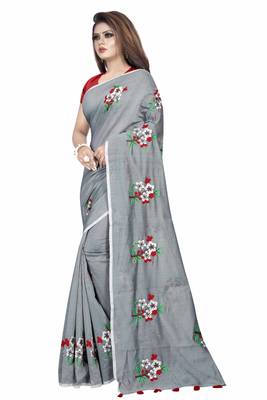 Grey embroidered chanderi saree with blouse 2