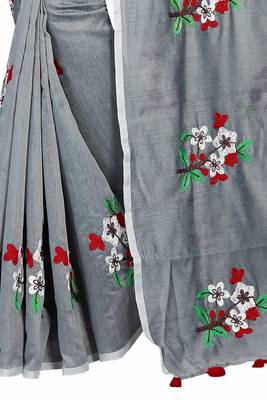 Grey embroidered chanderi saree with blouse 4
