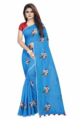 Sky blue embroidered chanderi saree with blouse 1