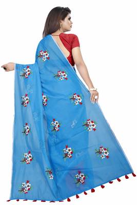 Sky blue embroidered chanderi saree with blouse 3