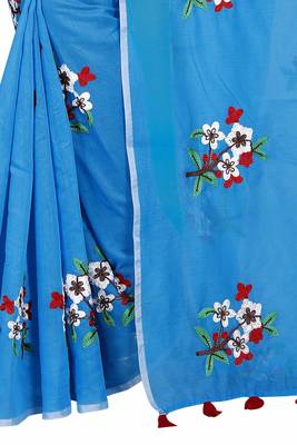 Sky blue embroidered chanderi saree with blouse 4