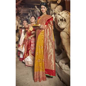 Yellow woven art silk saree with blouse 1