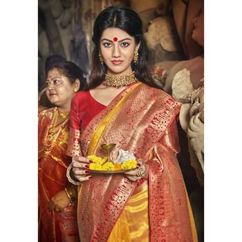 Yellow woven art silk saree with blouse 2