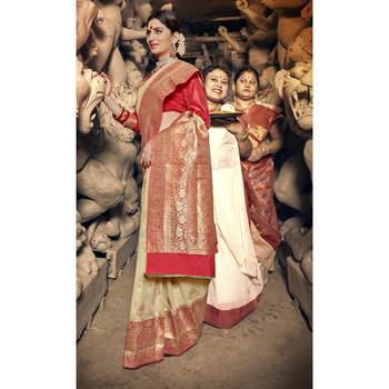 Beige woven art silk saree with blouse 1