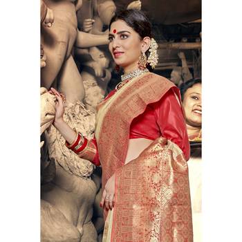 Beige woven art silk saree with blouse 2