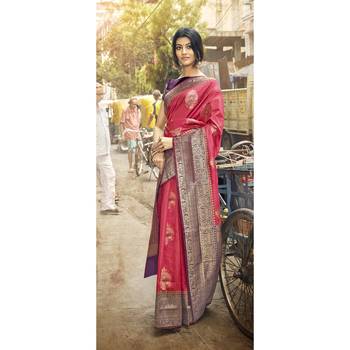 Pink woven art silk saree with blouse 1
