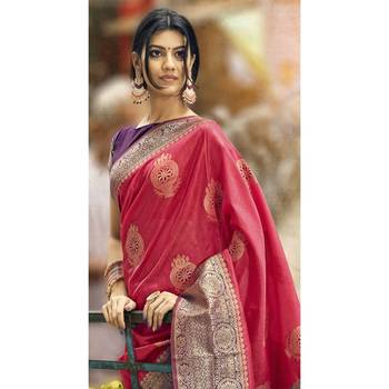 Pink woven art silk saree with blouse 2