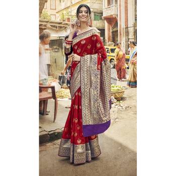 Red woven art silk saree with blouse 1