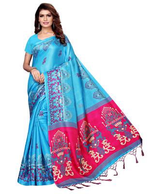 Green printed art silk saree with blouse 1