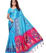 Green printed art silk saree with blouse