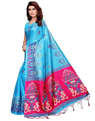 Green printed art silk saree with blouse 2