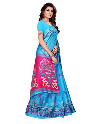 Green printed art silk saree with blouse 3