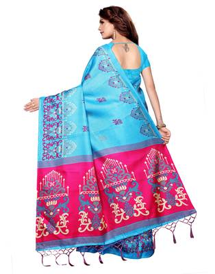 Green printed art silk saree with blouse 4
