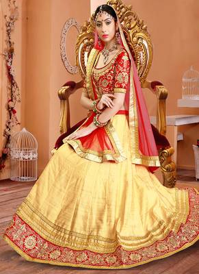 Yellow embroidered silk semi stitched lehenga 1