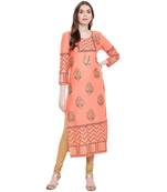 Orange printed rayon kurtas-and-kurtis