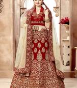 Red embroidered velvet semi stitched lehenga