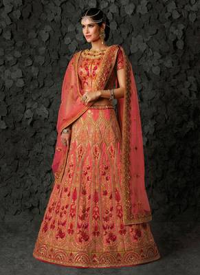 Coral embroidered silk semi stitched lehenga 1