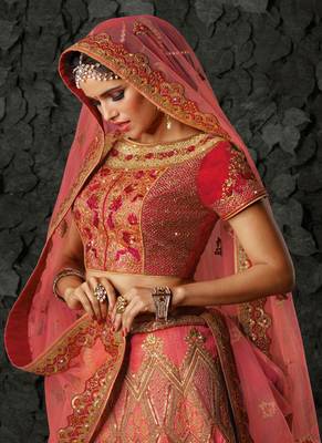 Coral embroidered silk semi stitched lehenga 2