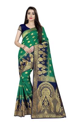 Green woven pure silk saree with blouse 1