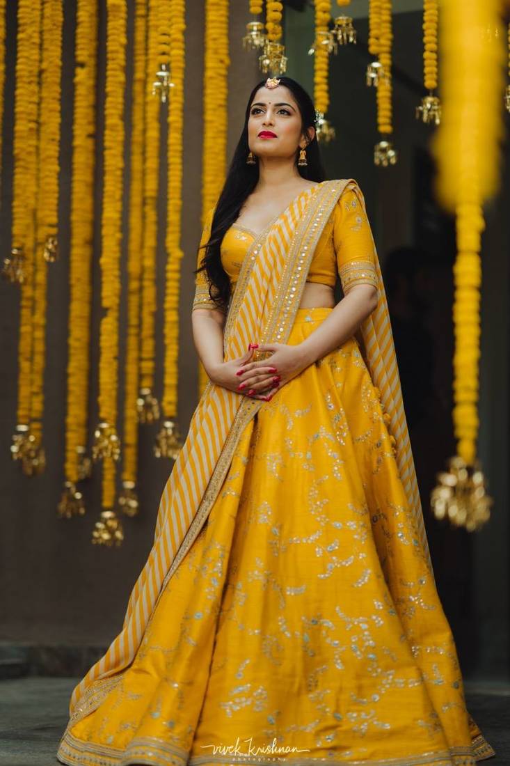 Yellow Thread Embroidery Silk Semi Stitched Lehenga - Manvansh Trends ...