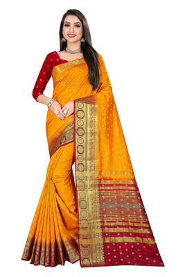Yellow woven pure silk saree with blouse 1