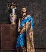 Cerulean Blue Manipuri Silk With Navy Blue Pallu And Border