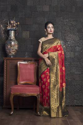 Vermilion Red Manipuri Silk With Black Zari Border And Pallu 1