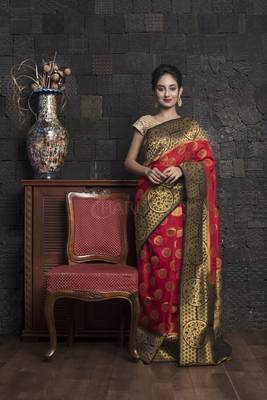Vermilion Red Manipuri Silk With Black Zari Border And Pallu 2
