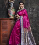 Dark Pink Blended Banrasi With Royal Blue Border