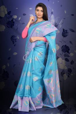 Sky Blue Silk Linen With Woven Design 1