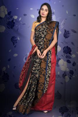 Black Blended Cotton Jamdani With Red Pallu 1