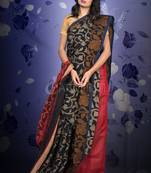 Black Blended Cotton Jamdani With Red Pallu