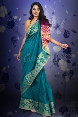 Ocean Blue And Plum Blended Saree With Jamdani Border 1