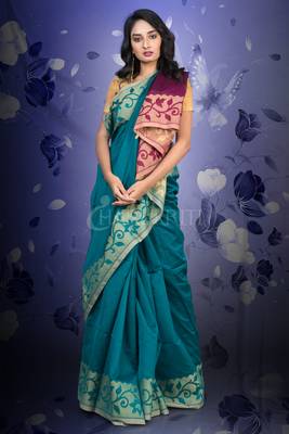Ocean Blue And Plum Blended Saree With Jamdani Border 2