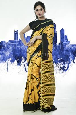 Yellow Chanderi Silk Saree With Black Print And Zari Border 1
