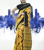 Yellow Chanderi Silk Saree With Black Print And Zari Border