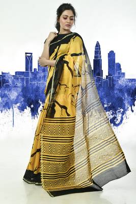 Yellow Chanderi Silk Saree With Black Print And Zari Border 2