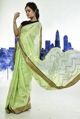 Pale Green Khadi Linen With Weaving Pallu And Border 2