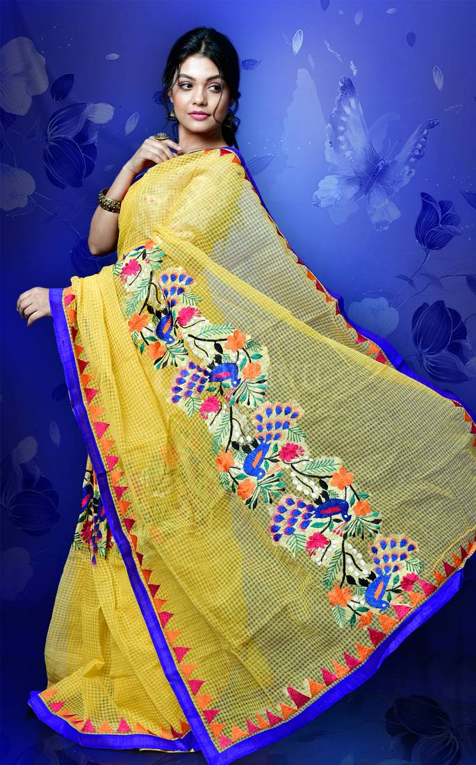 Pineapple Resham Check Saree With Embroidery Work - Charukriti - 3046549