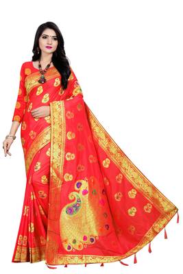 Red woven pure silk saree with blouse 1