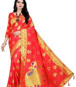 Red woven pure silk saree with blouse